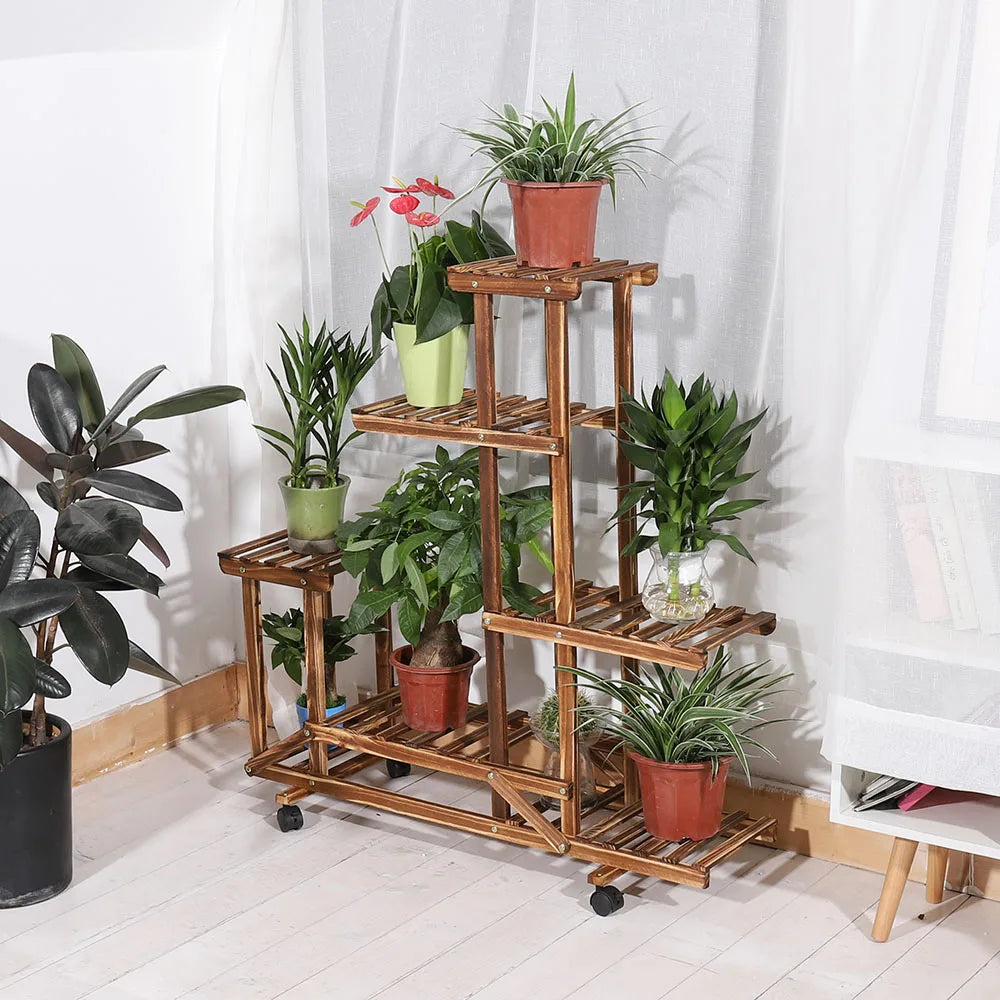 Multi-Layer Wooden Plant Stand with Wheels - LoongFly Online