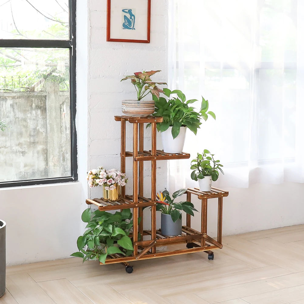 Multi-Layer Wooden Plant Stand with Wheels - LoongFly Online