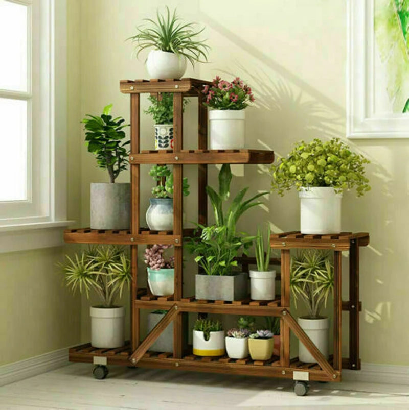 Multi-Layer Wooden Plant Stand with Wheels - LoongFly Online