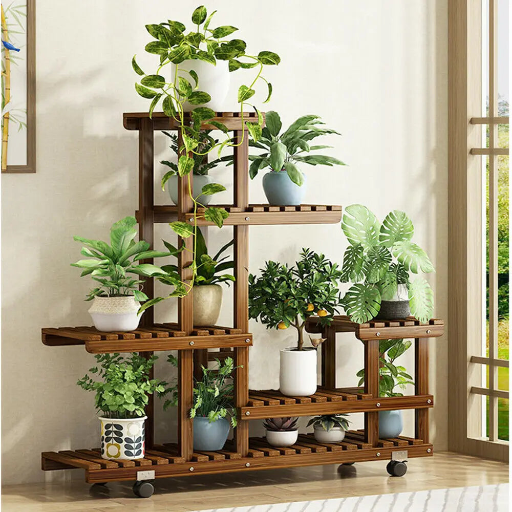 Multi-Layer Wooden Plant Stand with Wheels - LoongFly Online