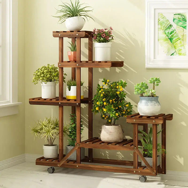 Multi-Layer Wooden Plant Stand with Wheels - LoongFly Online