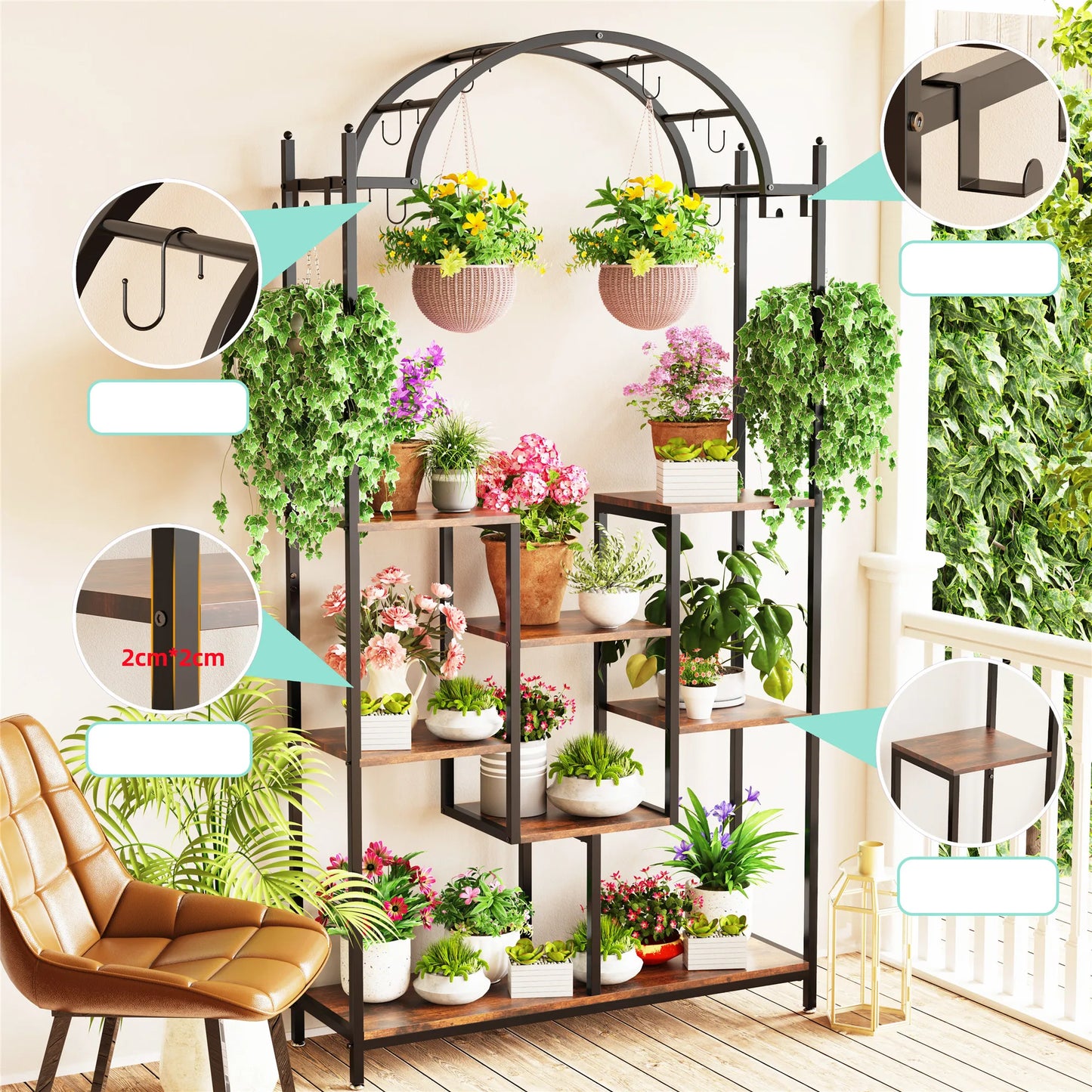 5-Tier Tall Indoor Plant Stand, 74.8'' Arched Metal Flower Shelf with Hanging Hooks - LoongFly Online