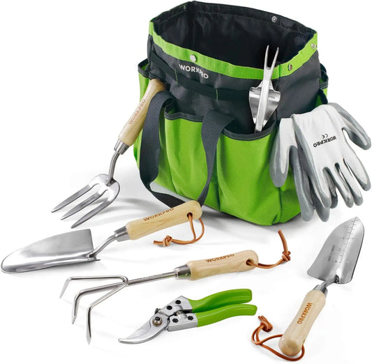 Garden Tools Set, 8 Piece, Stainless Steel Heavy Duty Gardening Tools with Wooden Handle, Including Garden Tote, Gloves, Trowel - LoongFly Online