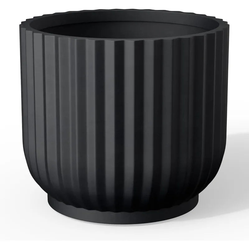 Round Fulted Planter, 14 Inch Dia Large Concrete Plant Pots with Drainage Hole and Rubber Plug, Modern Decor for Indoor Ou