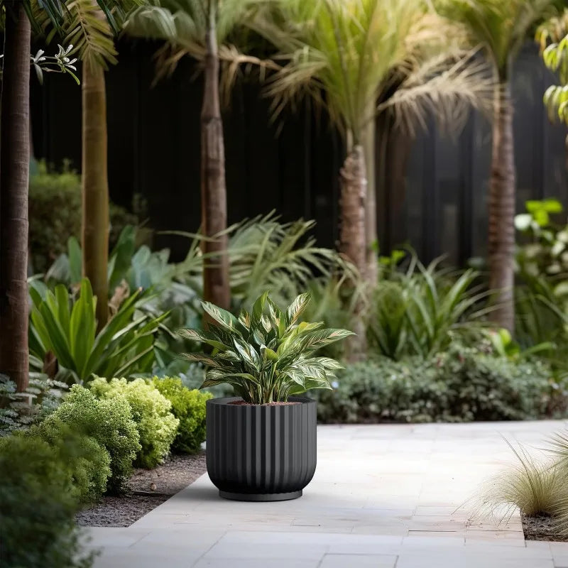 Round Fulted Planter, 14 Inch Dia Large Concrete Plant Pots with Drainage Hole and Rubber Plug, Modern Decor for Indoor Ou