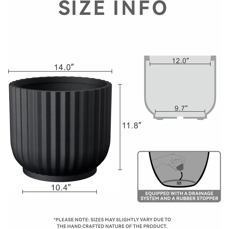 Round Fulted Planter, 14 Inch Dia Large Concrete Plant Pots with Drainage Hole and Rubber Plug, Modern Decor for Indoor Ou