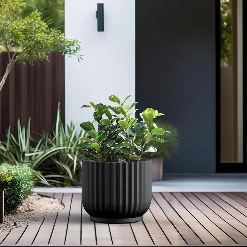 Round Fulted Planter, 14 Inch Dia Large Concrete Plant Pots with Drainage Hole and Rubber Plug, Modern Decor for Indoor Ou
